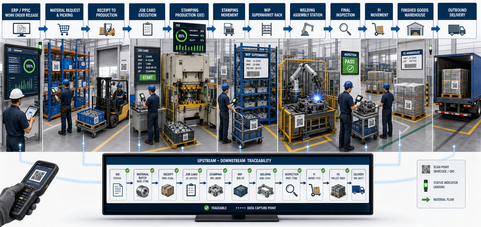 Illustration of the documented META end-to-end manufacturing workflow from master data and ERP sync to work order, execution, movement, quality, FG delivery, and traceability